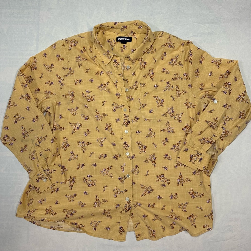 Lands' End Gold Ditsy Floral Button Down Long Sleeve Shirt Womens XL/18